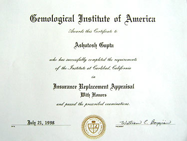 Certificate from Gemological Institute of America